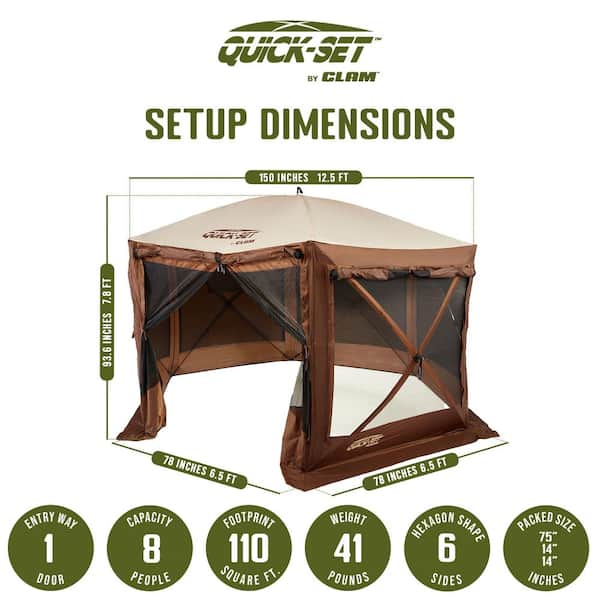 Quick Set Pavilion Camper Brown 8-Person Tent and 150 in. x 150 in. Floor Tarp