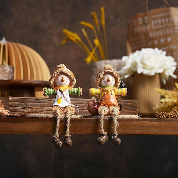 2 pack Scarecrow Fall Decor: Resin Harvest Figurines with Dangling