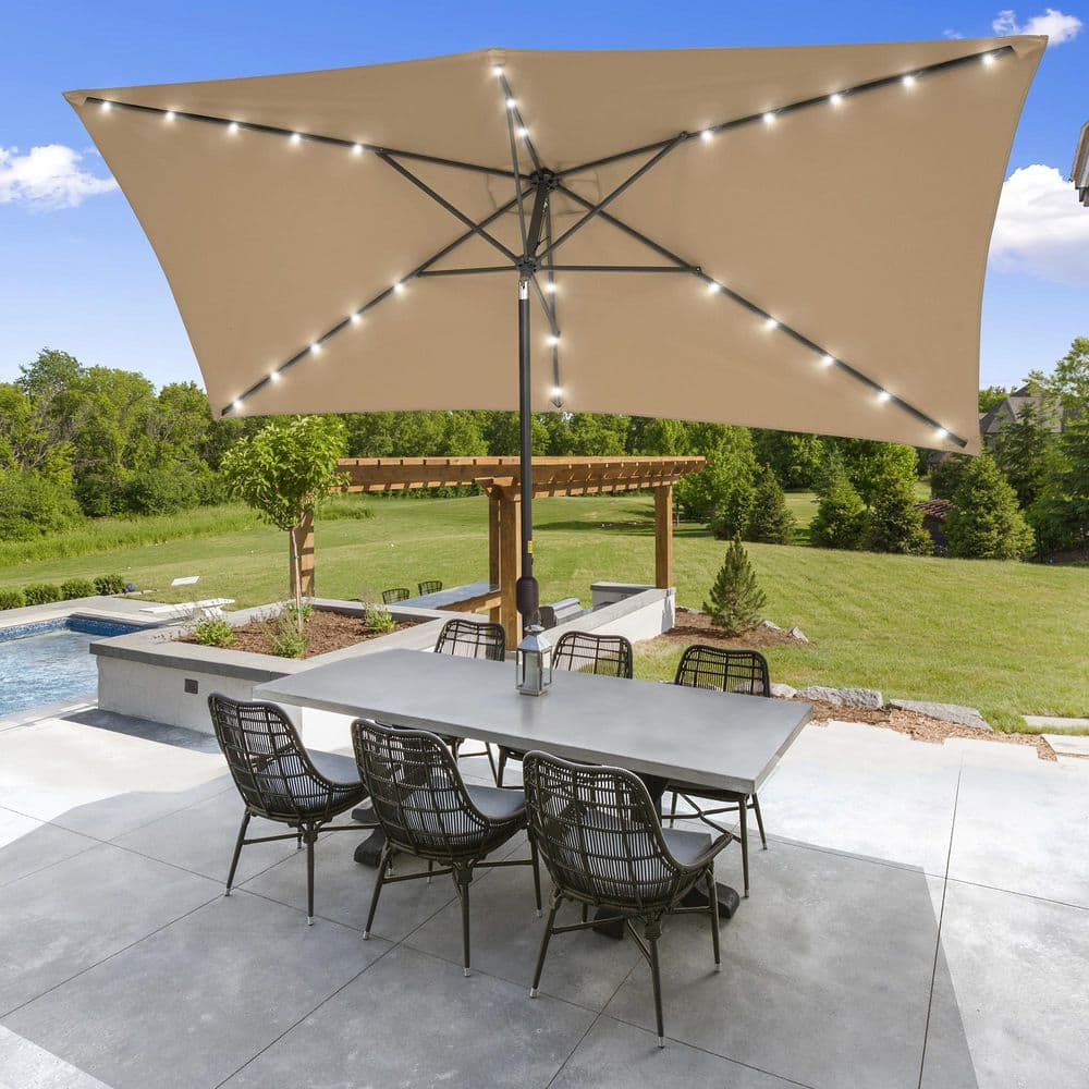 10 ft. x 6.5 ft. Solar LED Rectangle Market Aluminum Pole Patio Umbrellas with Solar Lights, Tilt Button in Sand price history on PriceWatchPro
