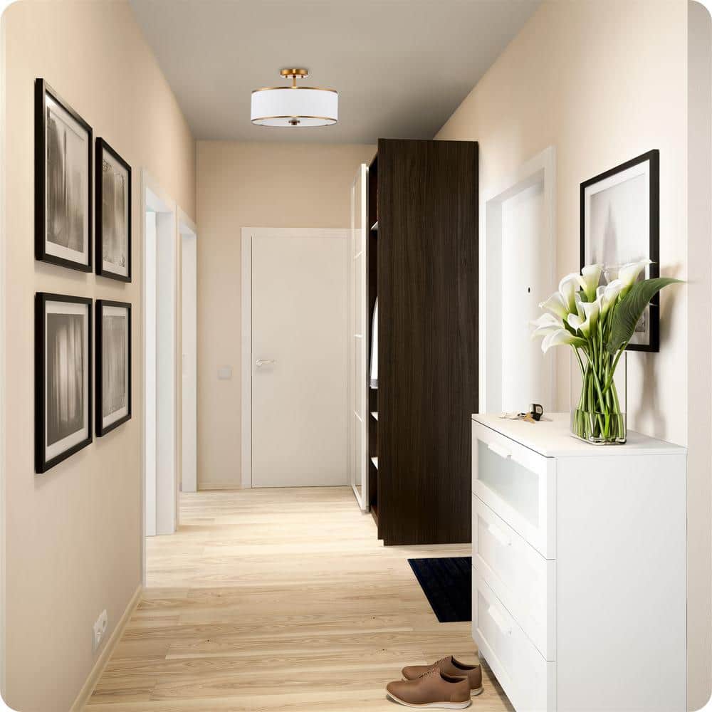 Chloe 15" Modern White Fabric Drum Ceiling Light with Warm Brass Trim