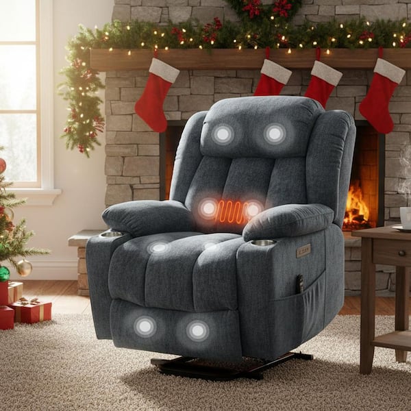 Blue Chenille Power Lift Recliner Chair for Living Room with Massage Heat, Remote Control,Dual USB Ports and Cup Holders