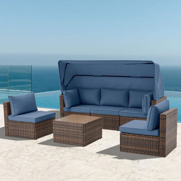 Unbranded Brown 6-Piece Wicker Outdoor Sectional Set, Patio Conversation Set with Adjustable Canopy and Blue Cushions for Backyard