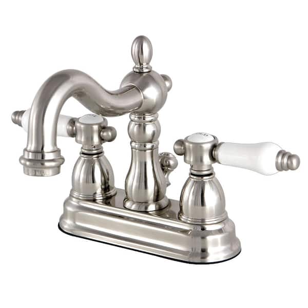 Kingston Brass Restoration Procelain 4 in. Centerset 2-Handle High-Arc Bathroom Faucet in Brushed Nickel