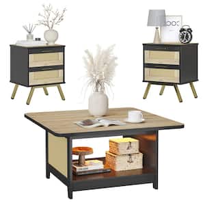 3-Piece 35.4 in. Black Square Modern Composite Coffee Table Set with Coffee Table + 2 End Tables