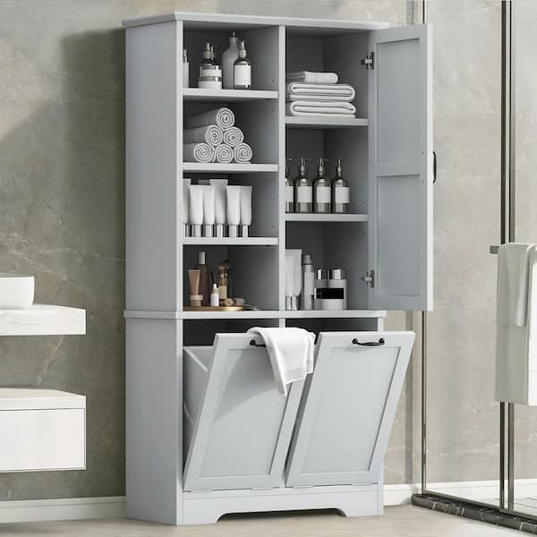 31 in. W x 14 in. D x 68 in. H Gray Wood Linen Cabinet Storage Cabinet with Tilt-Out Laundry and Adjustable Shelf