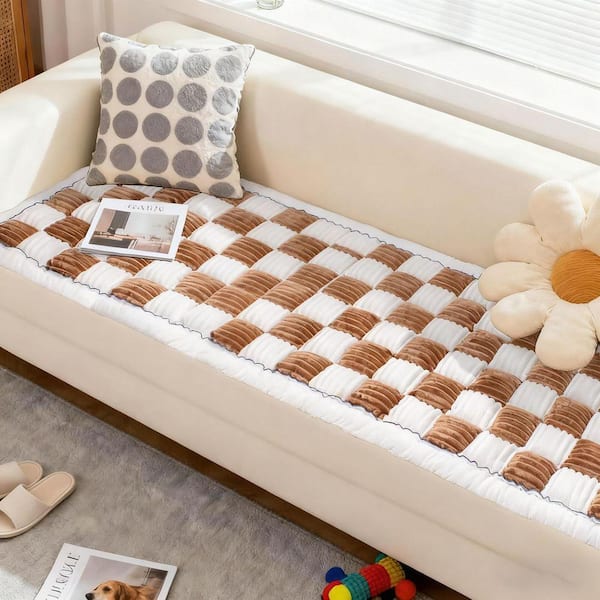 Cotton Plaid Coffee Washable Plush Sofa Slipcover with Non-Slip Backing, Pet-Friendly Couch Cover for Comfort