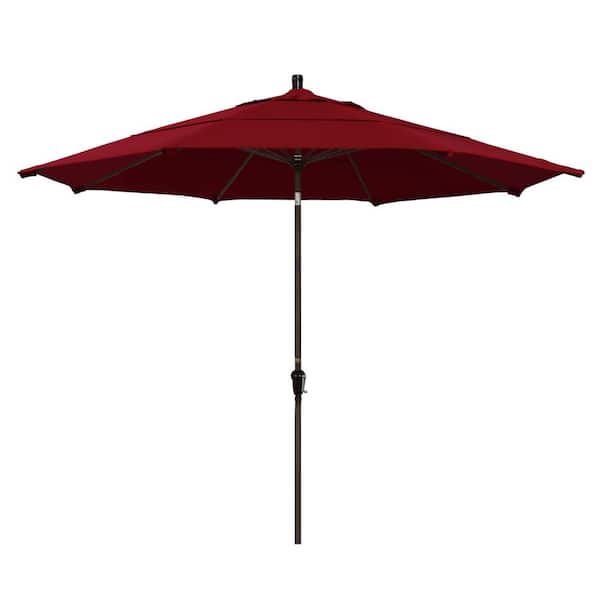 California Umbrella 11 ft. Bronze Aluminum Market Auto Tilt Patio Umbrella in Red Olefin