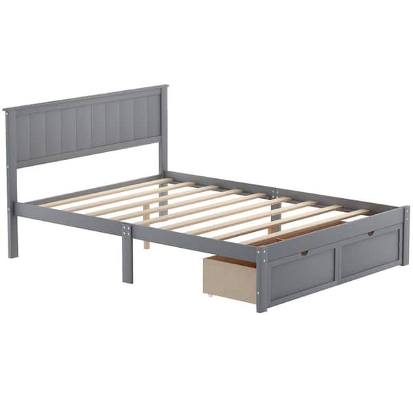 Anbazar Gray Wood Full Size Bed Frame, Full Size Platform Bed Frame With Storage Drawers