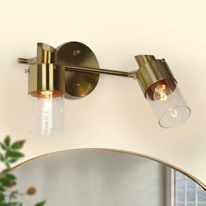 Coluse 12.5 in. Adjustable 2-Light Brass Gold Bathroom Vanity Light Modern Bath Lighting with Cylinder Clear Glass Shade