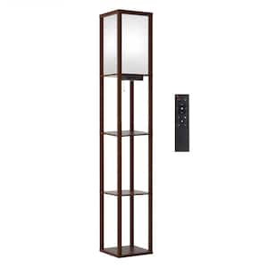 63.7 in. Walnut Dimmable Column Floor Lamp with Display Shelves Remote Control, 1 USB and 1 Type C Ports, 1 Power Outlet