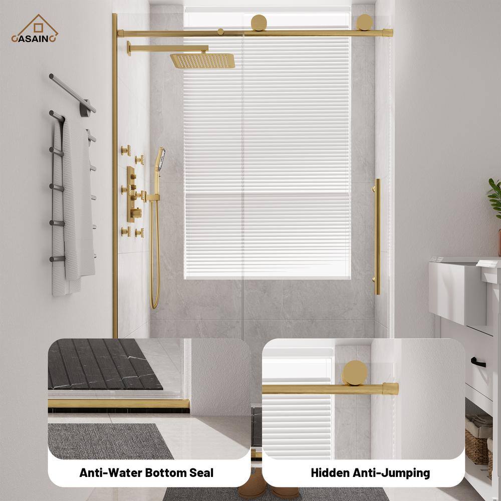Brushed Gold Frameless Sliding Shower Door with Clear Tempered Glass, 48" x 76"