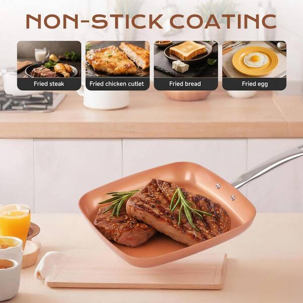 Aluminum 12 in. Copper Ceramic Nonstick Square Skillet Frying Pan