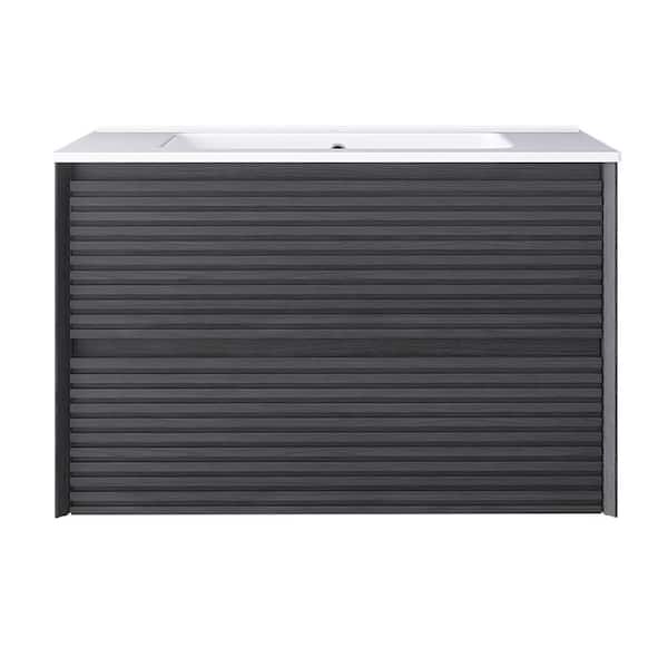 29.92 in. W x 18.31 in. D x 20.4 in H Single Sink Wall-Mounted Bath Vanity in Dark Oak with White Ceramic Top