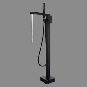 1-Handle Freestanding Floor Mount Tub Faucet Bathtub Filler with Hand Shower in Black