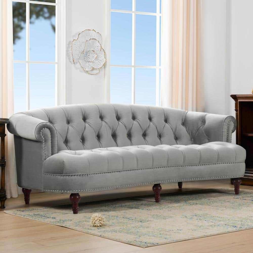 Opal Grey Velvet Chesterfield Sofa with Nailhead Accents and Wood Frame