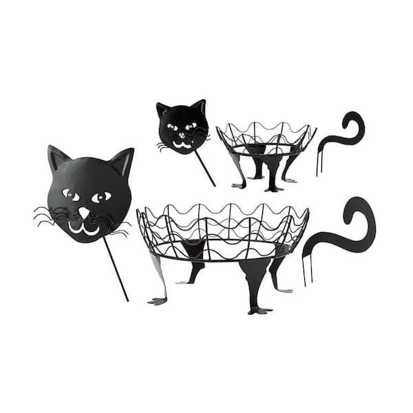6 in. Set of 2 Halloween Cat Metal Pumpkin Holders with Green LED Eyes Yard Sculpture