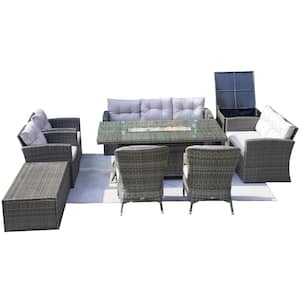 Annabelle Gray 9-Piece Wicker Patio Fire Pit Conversation Sofa Set with Beige Cushions