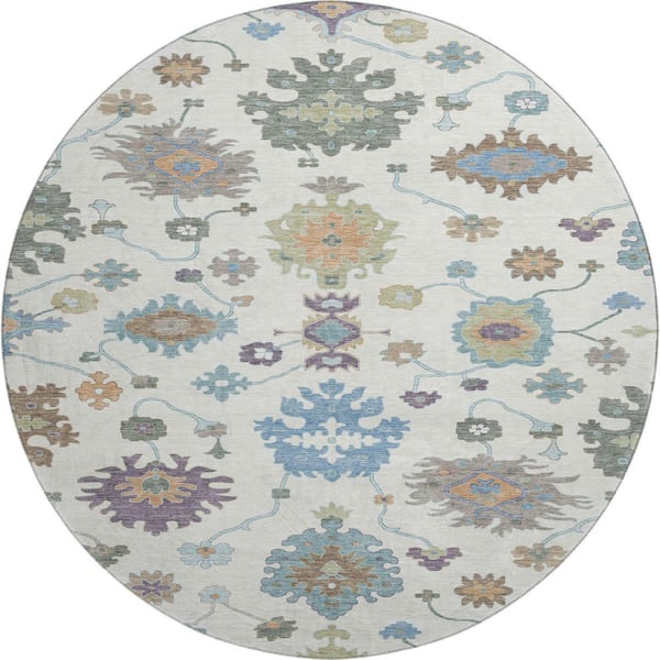 Mayfield Premium Machine Washable Abstract AMF2532 Ivory 8 ft. x 8 ft. Round Rug