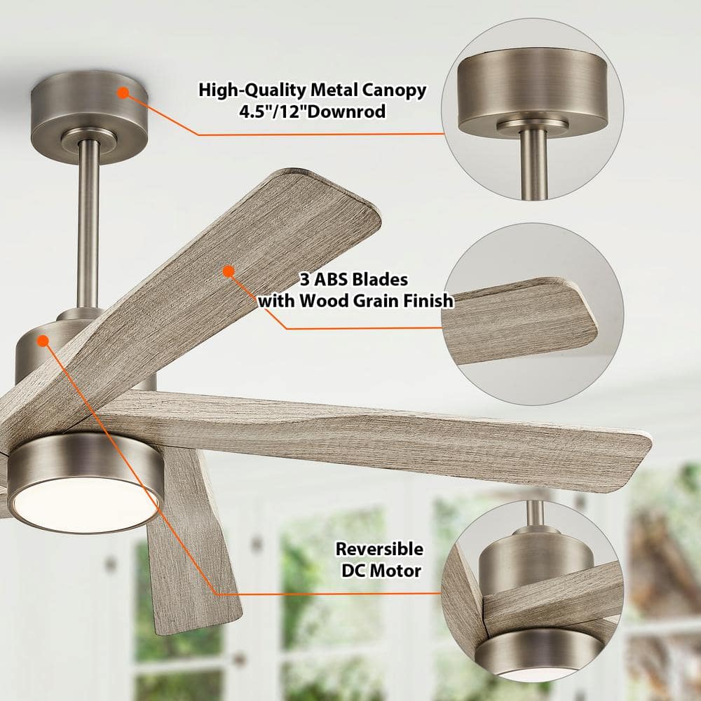 54" Brushed Nickel and Wood Grain Ceiling Fan with LED Light and Remote