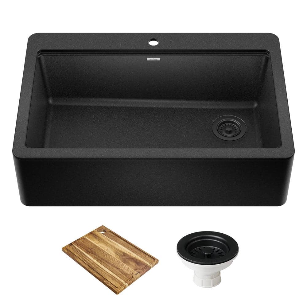 Bellucci 33 in. Workstation Drop in Retrofit Farmhouse Single Bowl Kitchen Sink Black Quartz Composite with Accessories