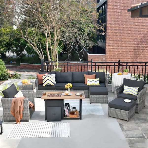 weaxty W Morag Gray 10-Piece Wicker Outerdoor Patio More Storage Space Fire Pit Sectional Seating Set with Black Cushions