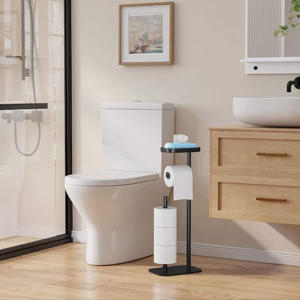 Metal Freestanding Toilet Paper Holder in Black with Anti-Slip Base and Shelf for Bathroom (1-Pack)