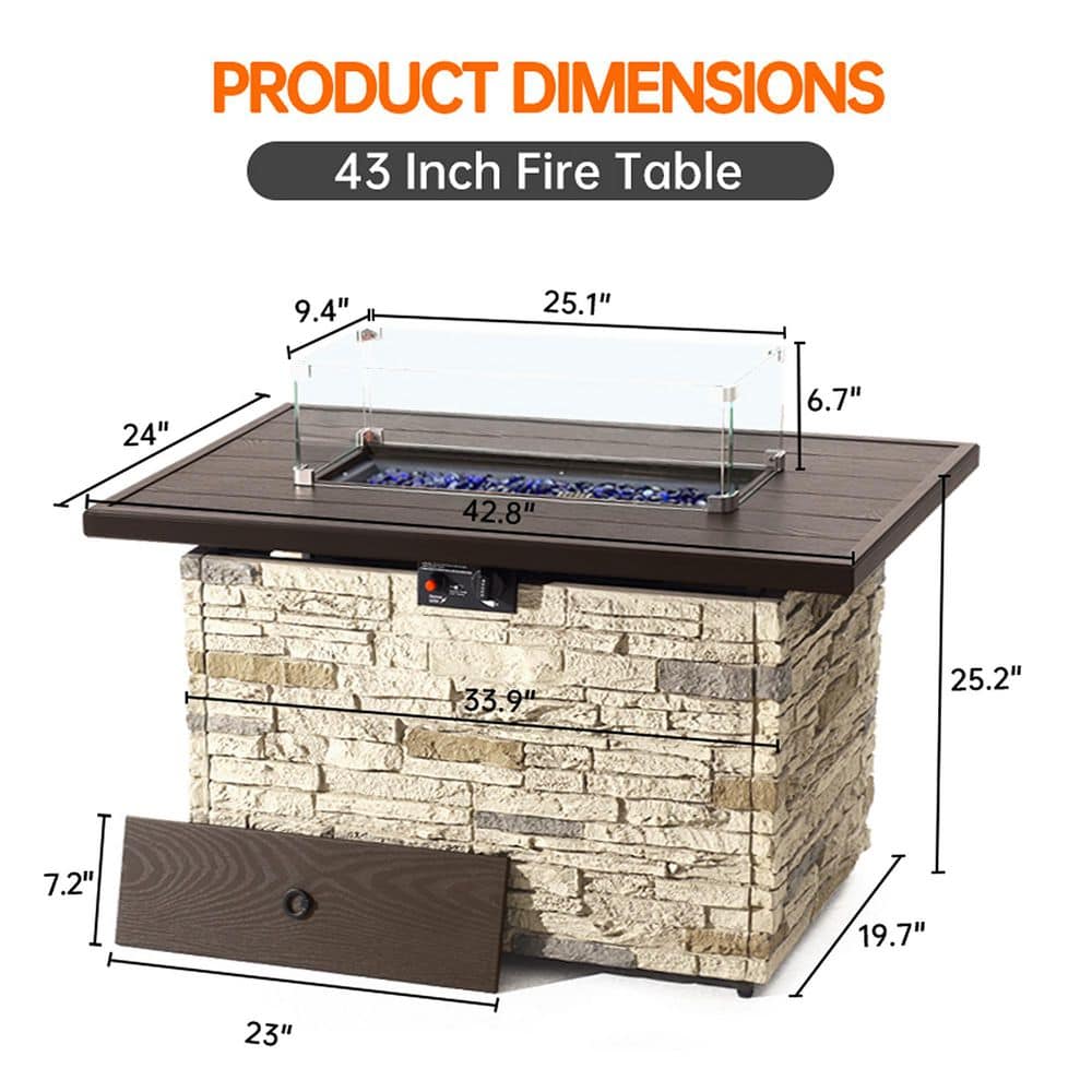 43" Buff Faux Stone Gas Fire Pit Table with Glass Wind Guard