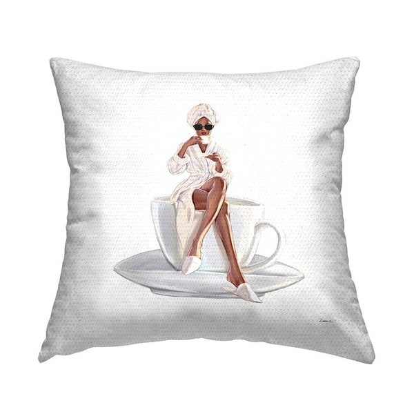 Stupell Industries Trendy Woman in Bathrobe Sitting Coffee Cup Brown Square Outdoor Throw Pillow