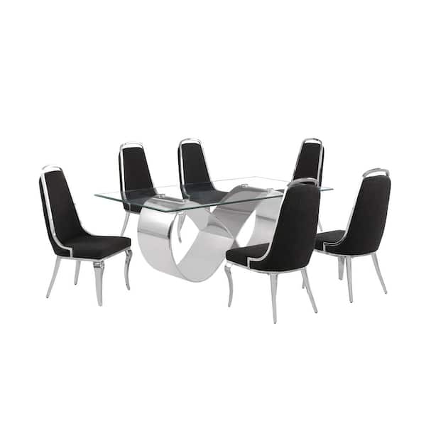 Best Quality Furniture Garrett 7-Piece Clear Tempered Glass Top with Stainless Steel Base Dining Set with 6 Black Boucle Fabric Chairs