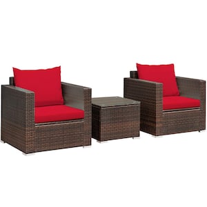 Brown 3-Piece Wicker Patio Conversation Set with Red Cushions and Coffee Table