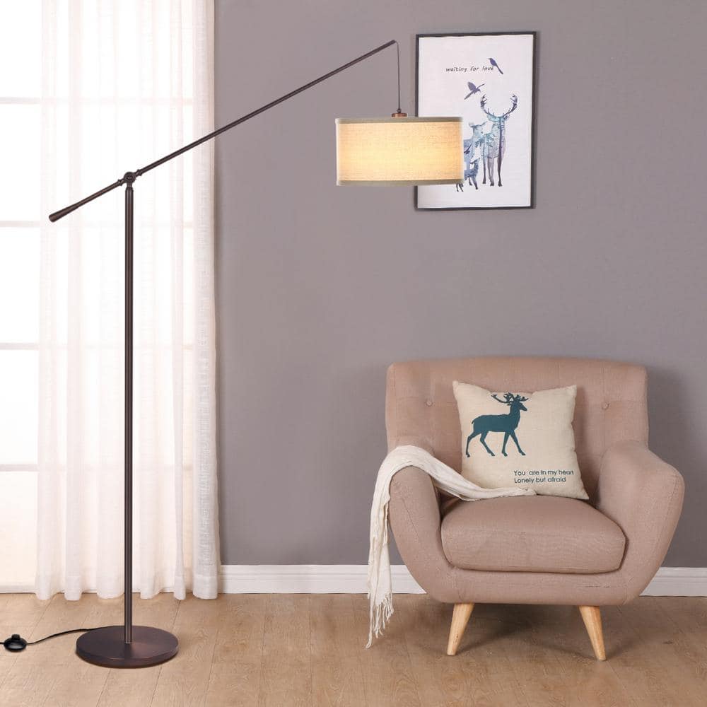 Adjustable Arc LED Floor Lamp for Kids' Room in Bronze with Beige Shade