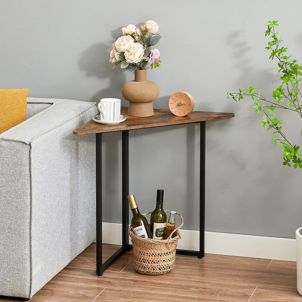 Corner Shelf Brown 25.59 in. Accent Cabinet Office Storage Cabinet with 1 Shelf and Metal Frame, Triangle End Table