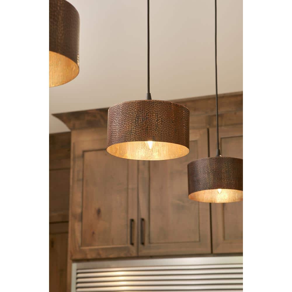 8-Inch Round Hammered Copper Pendant Light with Matte Black Cord