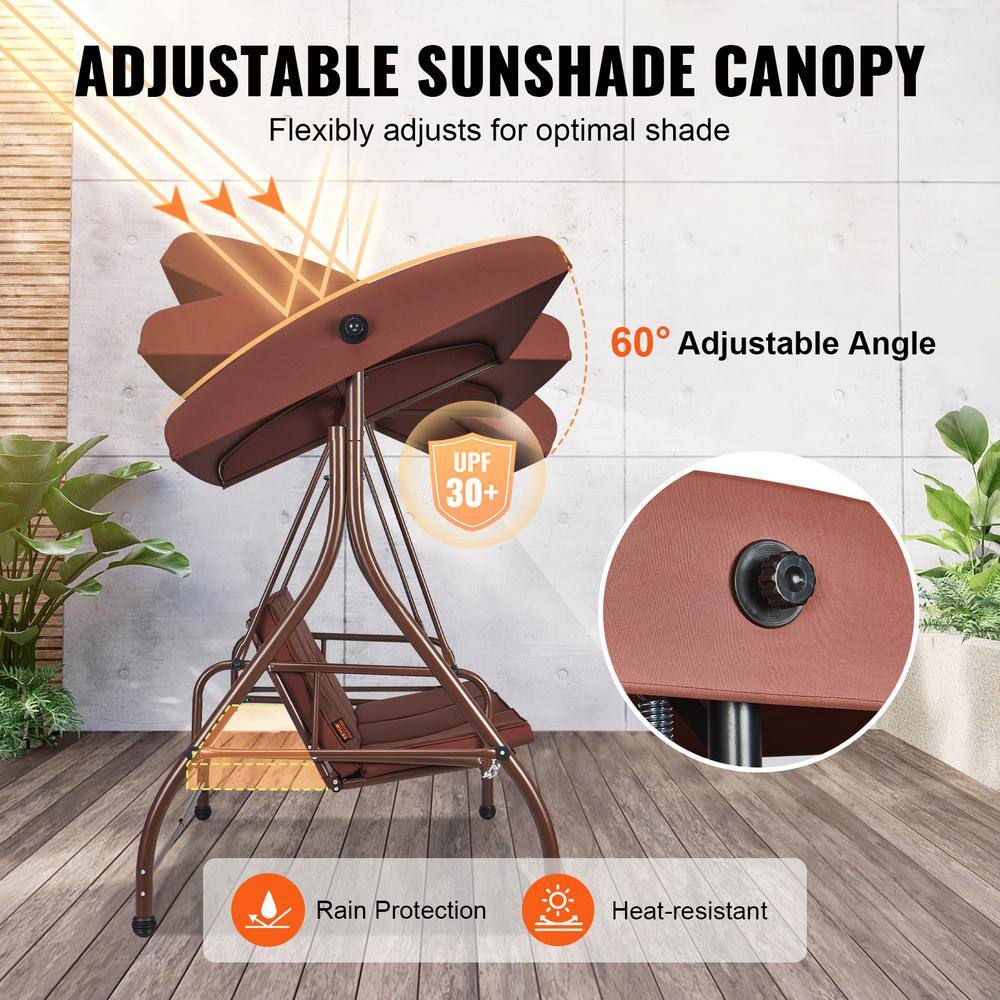 Brown Alloy Steel 3-Seat Patio Swing Chair with Adjustable Canopy