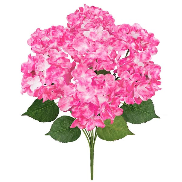 LIVING LUXURY 20 in. Deluxe Natural-Look Hot Pink Artificial Hydrangea Flower Stem Bush Bouquet (Set of 2)