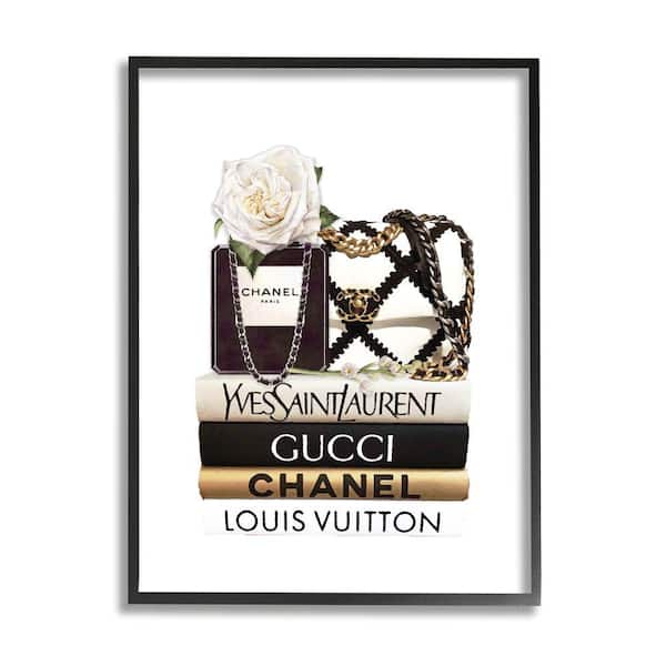 Stupell Industries "Elegant Glam Fashion Floral Bag on Bookstack" by Ros Ruseva Framed Abstract Wall Art Print 11 in. x 14 in.