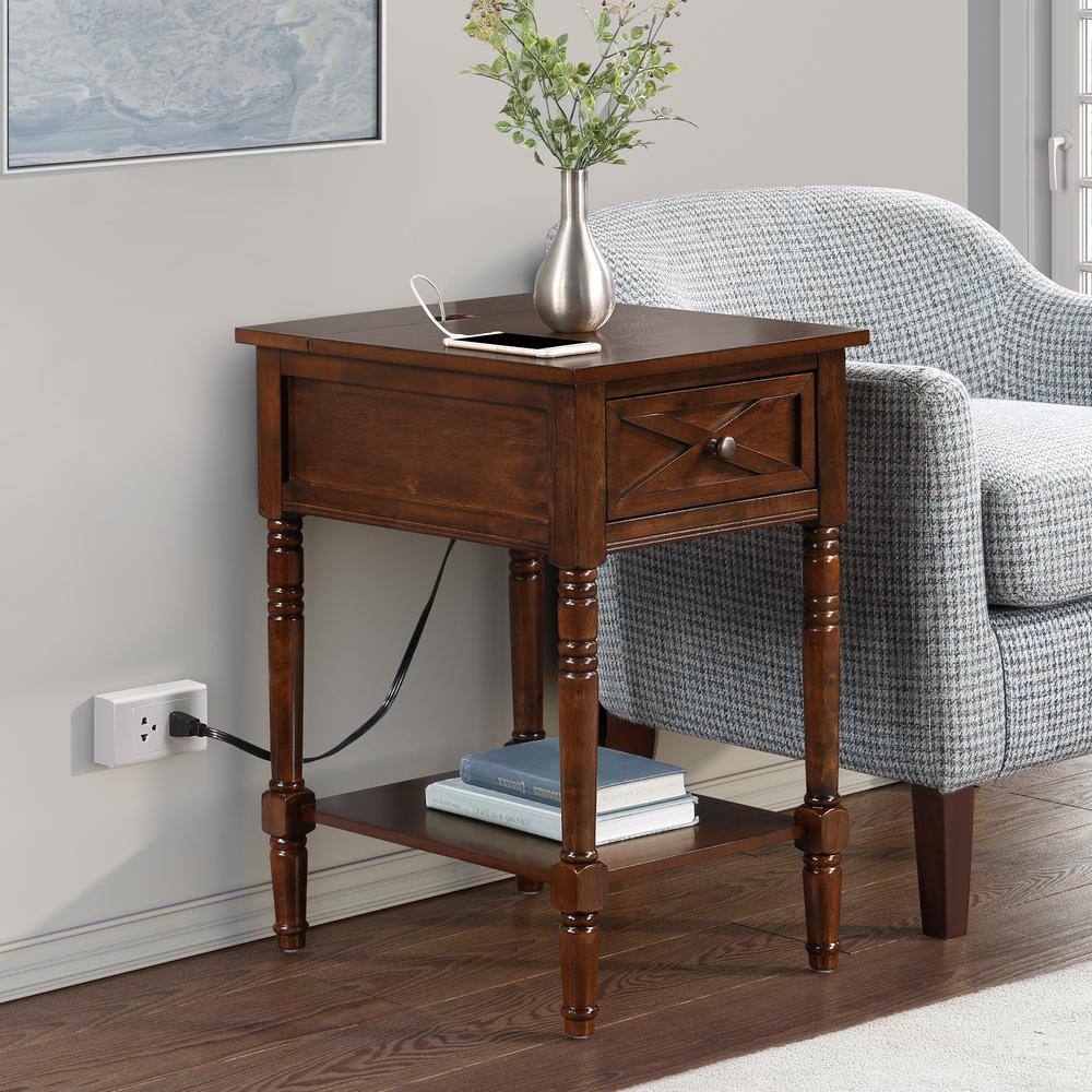 Espresso Wood End Table with Charging Station and Storage