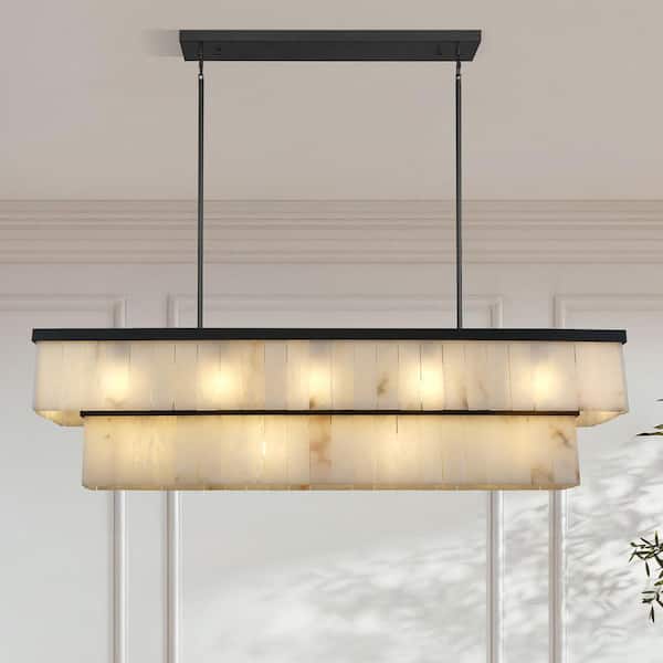 54 in. 16-Light Black Dimmable Rectangle Kitchen Island Chandelier with 2-Tier Alabaster, for Living Room, Dining Room