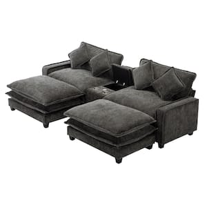 112.6" Chenille Modern Sectional Sofa in Black with 2 Removable Ottoman, USB Ports, Cup Holders and Storage Box