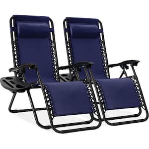 Blue Adjustable Steel Mesh Zero Gravity Lounge Chair Recliners with Pillows and Cup Holder Trays