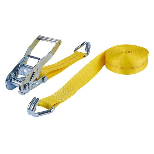 CURT 83047 2-Inch x 27-Foot Yellow Nylon Ratchet Cargo Strap with J Hooks Break Strength Curt Manufacturing 10,000 lbs 