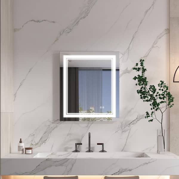 WELLFOR 28 in. W x 20 in. H Rectangular Frameless Anti-Fog LED Light Wall Bathroom Vanity Mirror in Aluminum Dimmable Bright