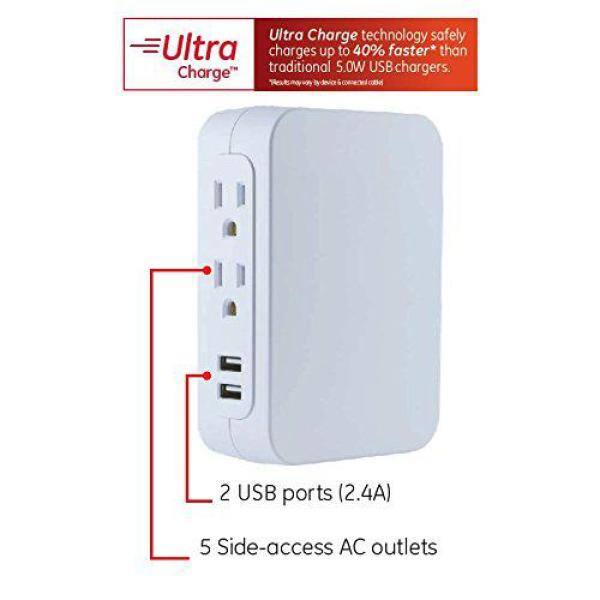 2.4A Dual USB Ports 39670 White Side-Access Outlets GE Pro 5 Grounded Outlet Wall Tap Surge Protector 860 Joule Surge Protection 2 USB Ports Automatic Shutdown Technology 