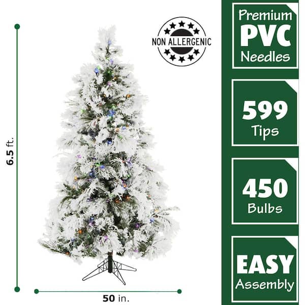 6.5-ft. Pre-Lit Snow Flocked Snowy Pine Artificial Christmas Tree, Multi-color LED Lights
