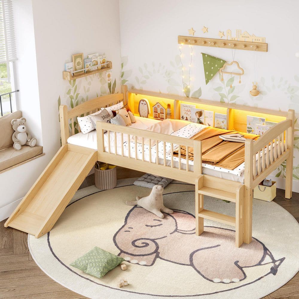 Polibi Brown/Natural Wood Twin XL Wood Loft Bed with Storage