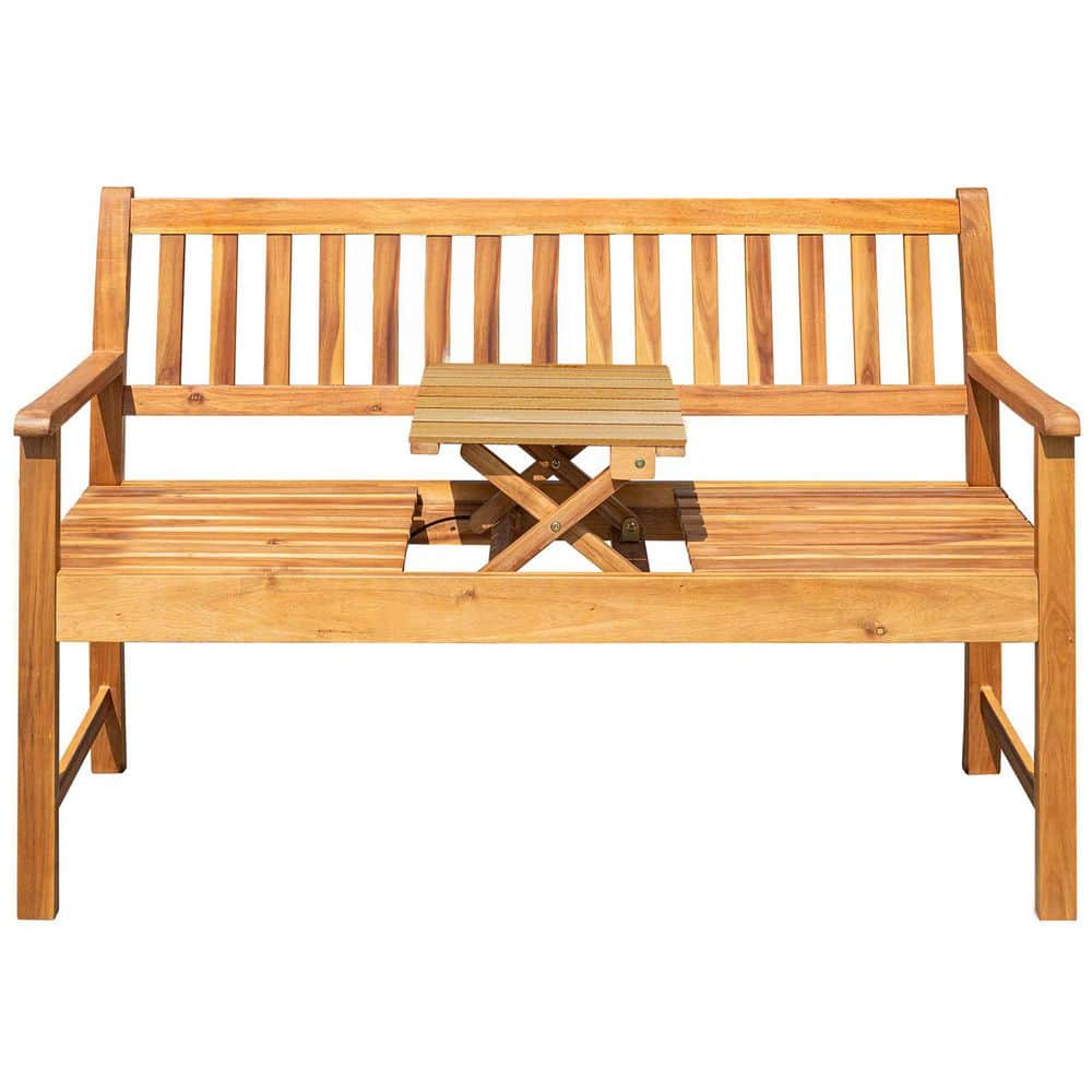 Outdoor Wood Bench 2-Person, Garden Chair Patio Porch with Foldable Small T