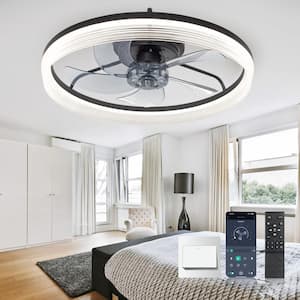 20 in. Modern Indoor Black Flush Mount Ceiling Fans with Remote Control - Small Dimmable Light Timing Fan for Bedroom