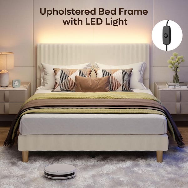 Beige Wood Frame Queen Platform Bed Upholestered Headboard with LED Lights