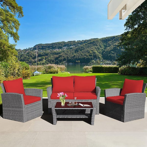 4-Pieces Patio Rattan Conversation Set Outdoor Furniture Set with Red Cushions