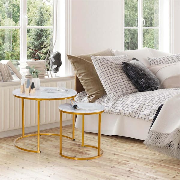 24 in. Length Nesting Wood Top Coffee Table for Balcony Living Room Modern Round Side Tables in Gold (Set of 2)